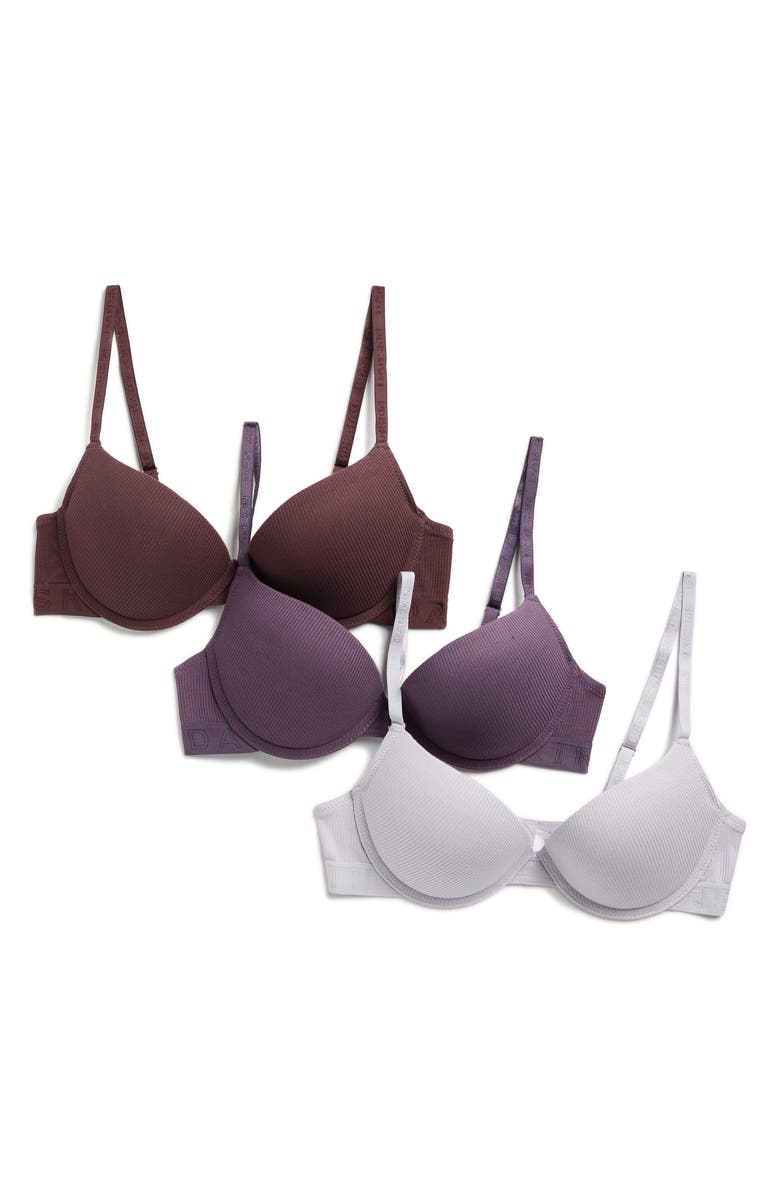 Danskin Assorted 3-Pack Microfiber Bras, Main, color, Virgo Violet/Wood/Dawn Haze