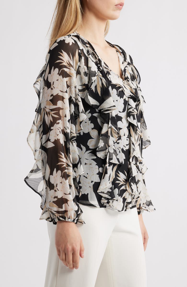 Anne Klein Print Ruffle Tie Neck Top, Alternate, color, 