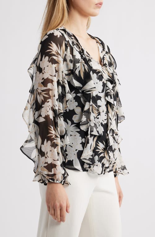 Anne Klein Print Ruffle Tie Neck Top In Anne Black Multi