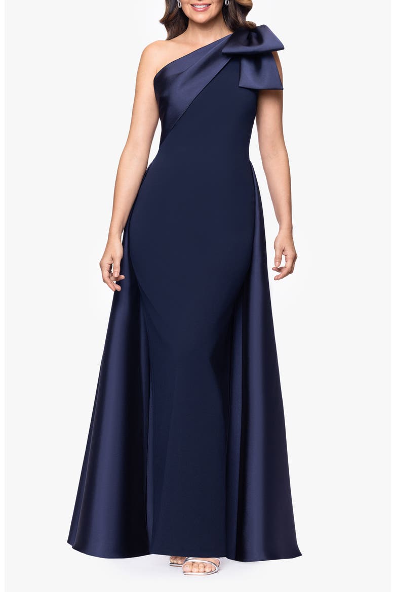 Bow One-Shoulder Mikado Gown, Main, color, NAVY