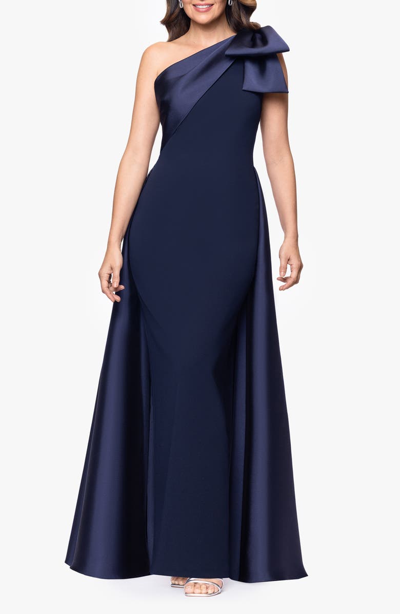 Betsy & Adam Bow One-Shoulder Mikado Gown, Main, color, Navy