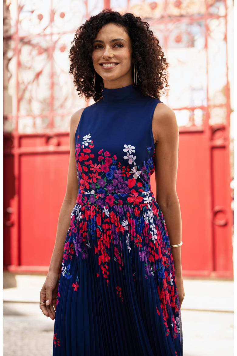 Printed Pleated Midi Dress, Alternate, color, Navy