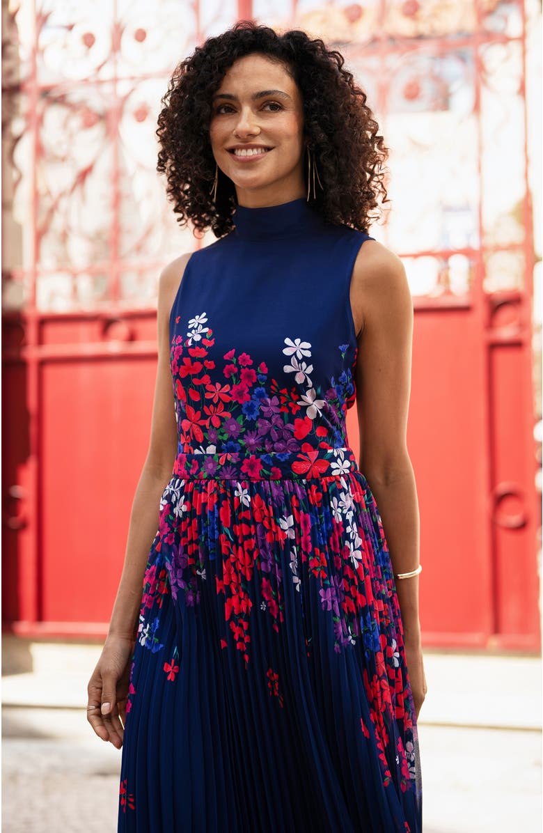 Yumi Printed Pleated Midi Dress, Alternate, color, Navy