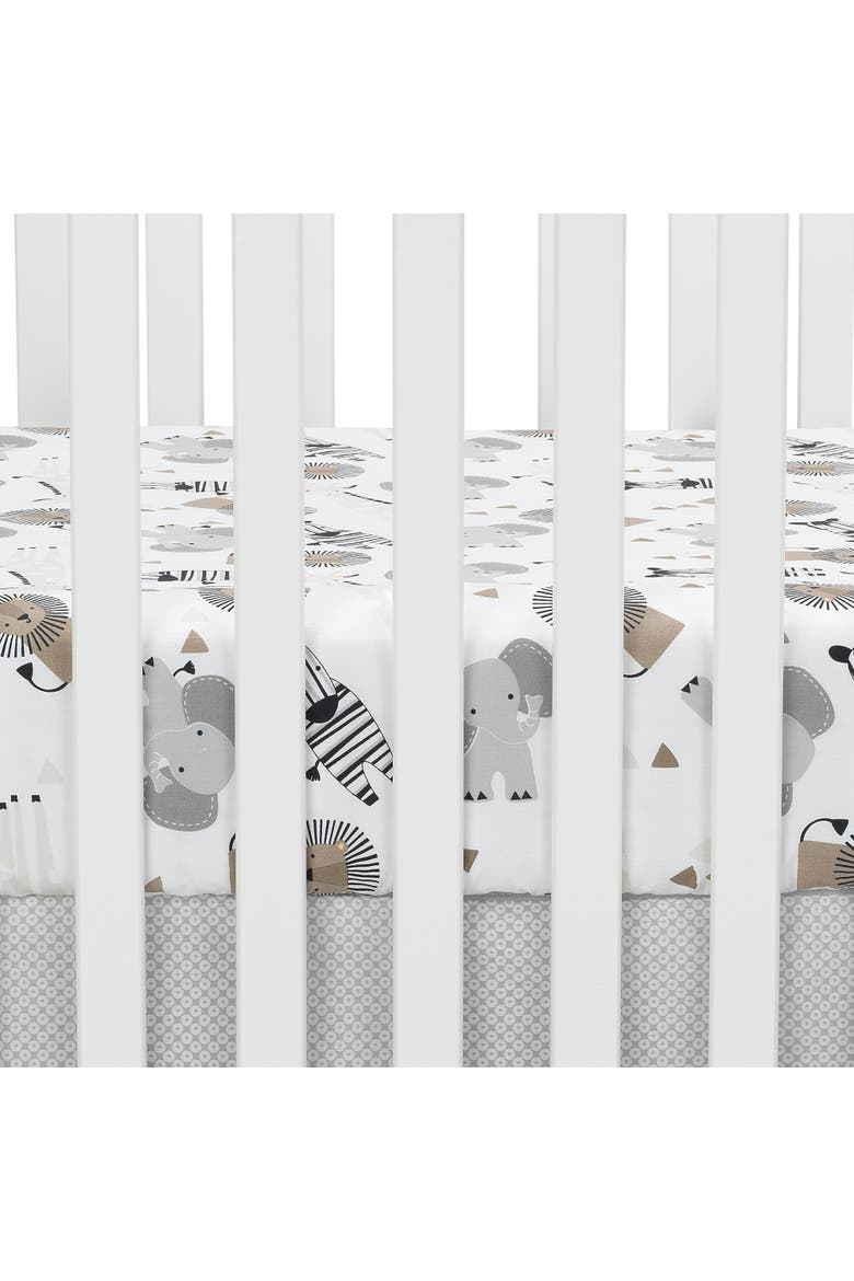 Jungle Safari 100% Cotton Elephant/Lion Fitted Crib Sheet, Alternate, color, White Multi