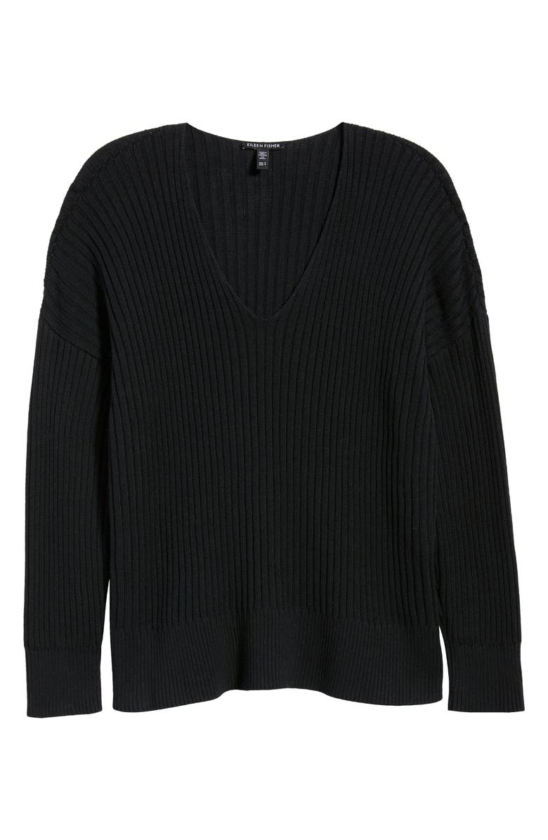 Eileen Fisher Cotton & Tencel<sup>™</sup> lyocell Ribbed V-Neck Sweater, Alternate, color, Black