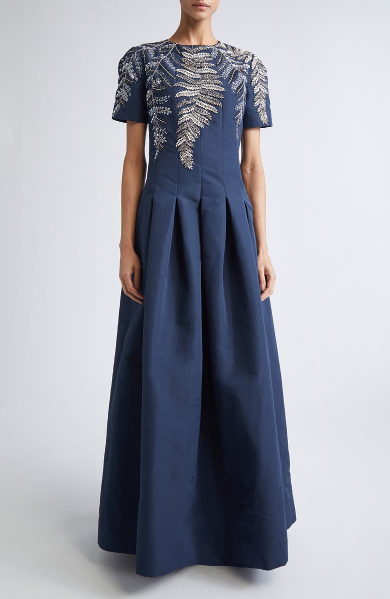 Oscar de la Renta Sequin Fern Embroidered Faille Gown, Main, color, Navy