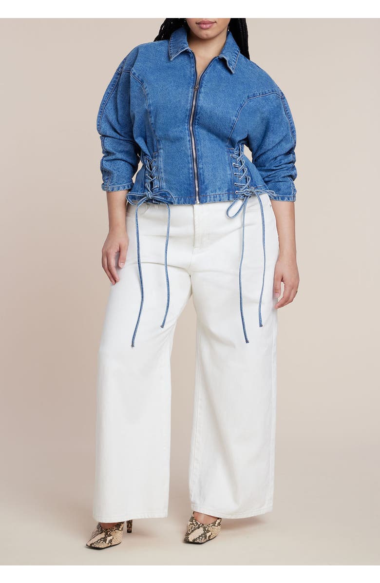 ELOQUII Lace Up Denim Jacket, Alternate, color, Medium Wash