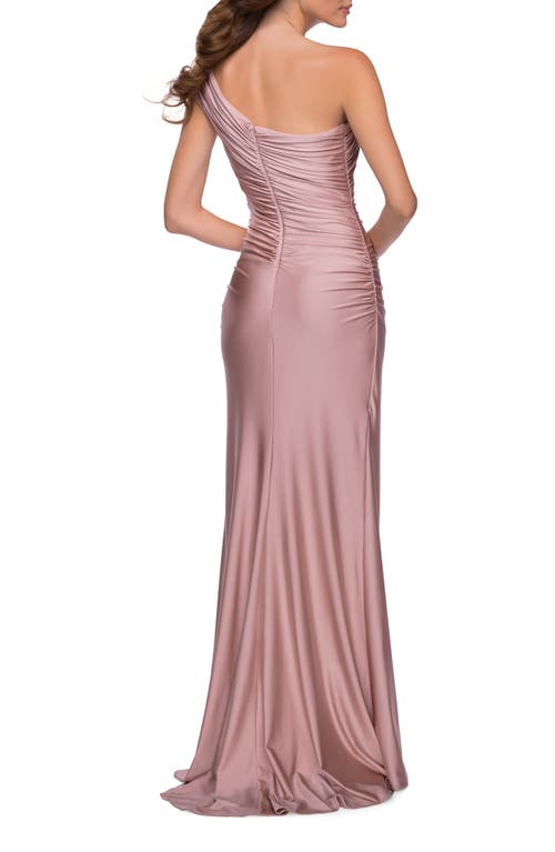 La Femme One Shoulder Shiny Ruched Jersey Dress With Slit In Mauve