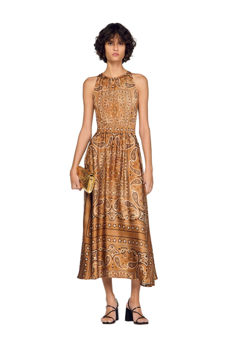 SANDRO Bandana-print maxi dress, Alternate, color, Brown / Black