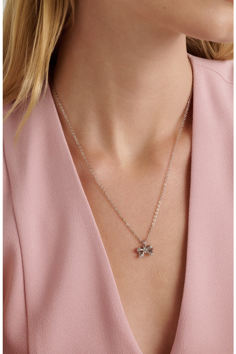 Crestra Crystal Petite Bow Pendant Necklace, Alternate, color, SILVER TONE