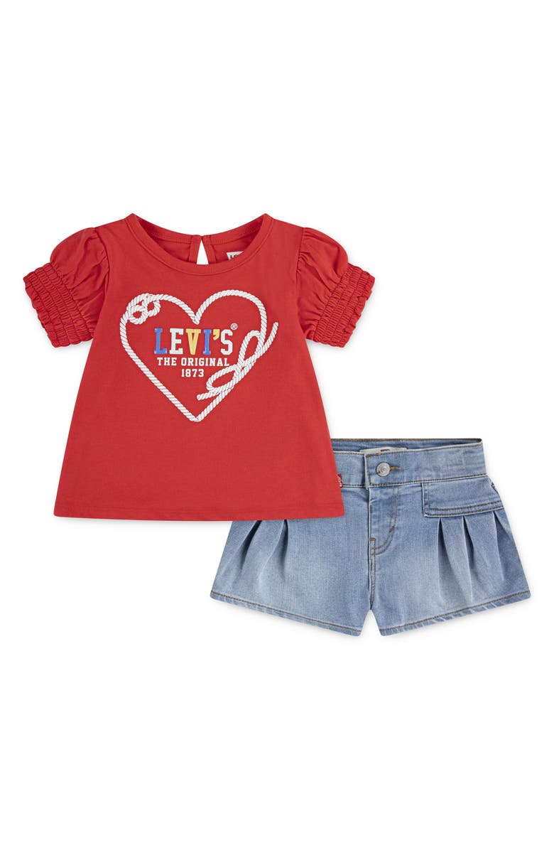 Levi's Kids' Nautical Heart Puff Sleeve Graphic T-Shirt & Shorts Set, Main, color, Hibiscus