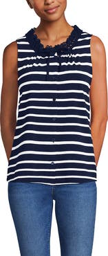 Lands' End Lightweight Jersey Button Front Lace Trim Tank
