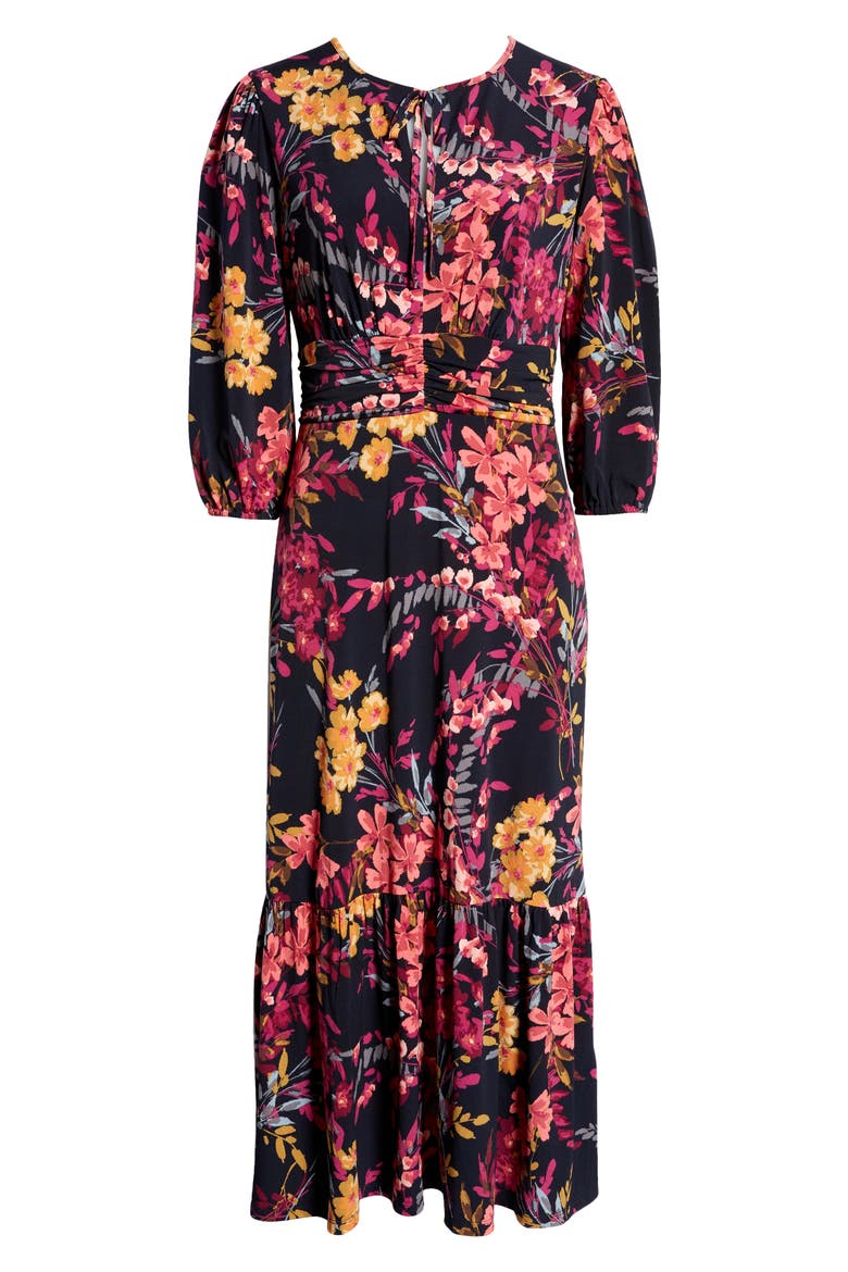 Floral Print Ruched Midi Dress, Alternate, color, DARK NAVY/ DUSTY CORAL