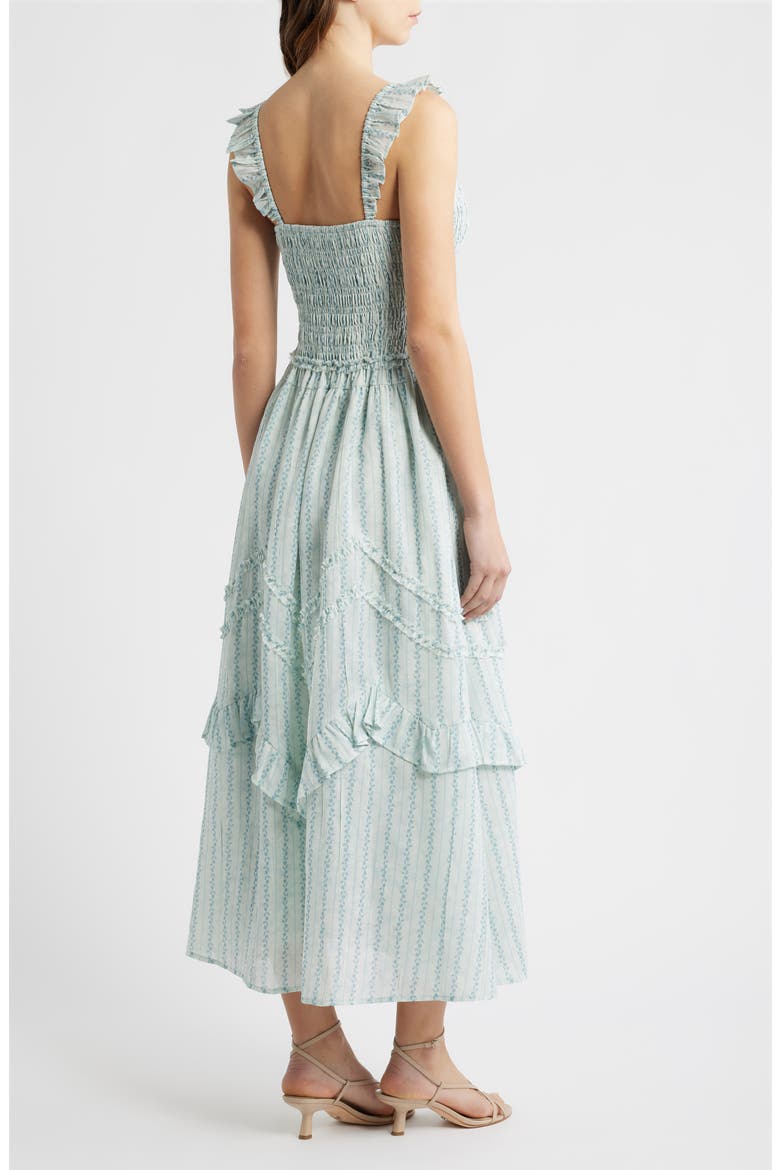 Floral Smocked Bodice Flutter Sleeve Midi Dress, Alternate, color, OFF WHITE/ BLUE