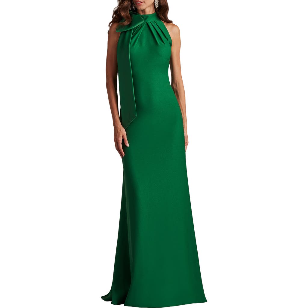 Tadashi Shoji Sims Shoulder Bow Halter Gown In Green