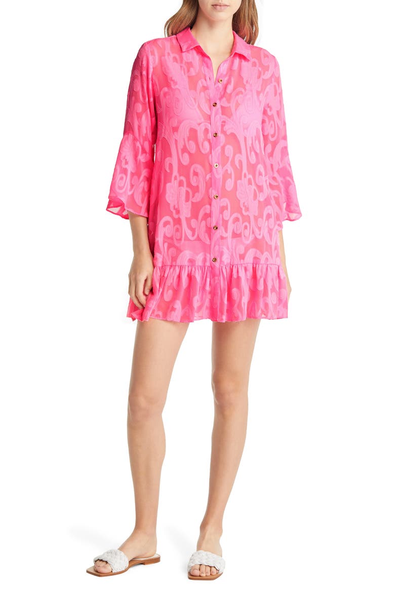 Jacquard Cover-Up Shirtdress, Main, color, PINK SHANDY POLY CREPE SWIRL C
