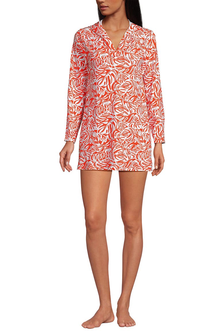 Cotton Jersey Long Sleeve Hooded Swim Cover-up Dress, Main, color, Orange Mini Tropic Leaves