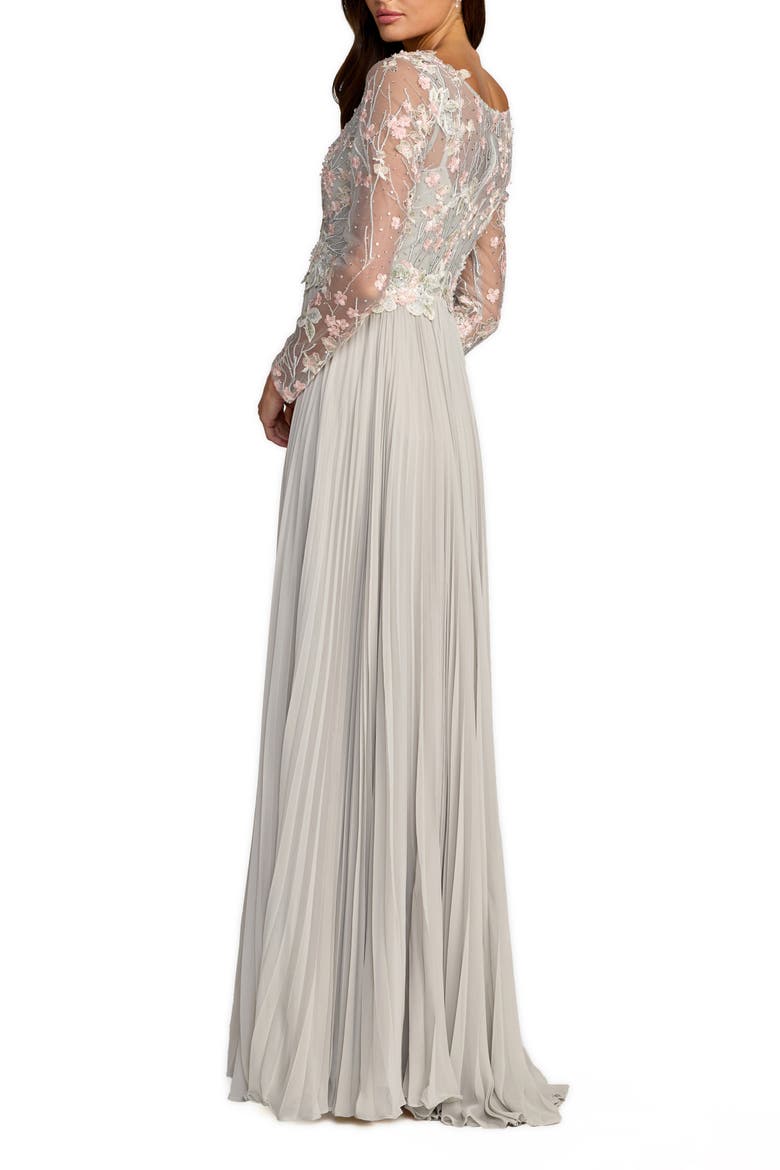 Women's Embroidered Long Sleeve V Neck Pleated Gown, Alternate, color, Platinum Multi