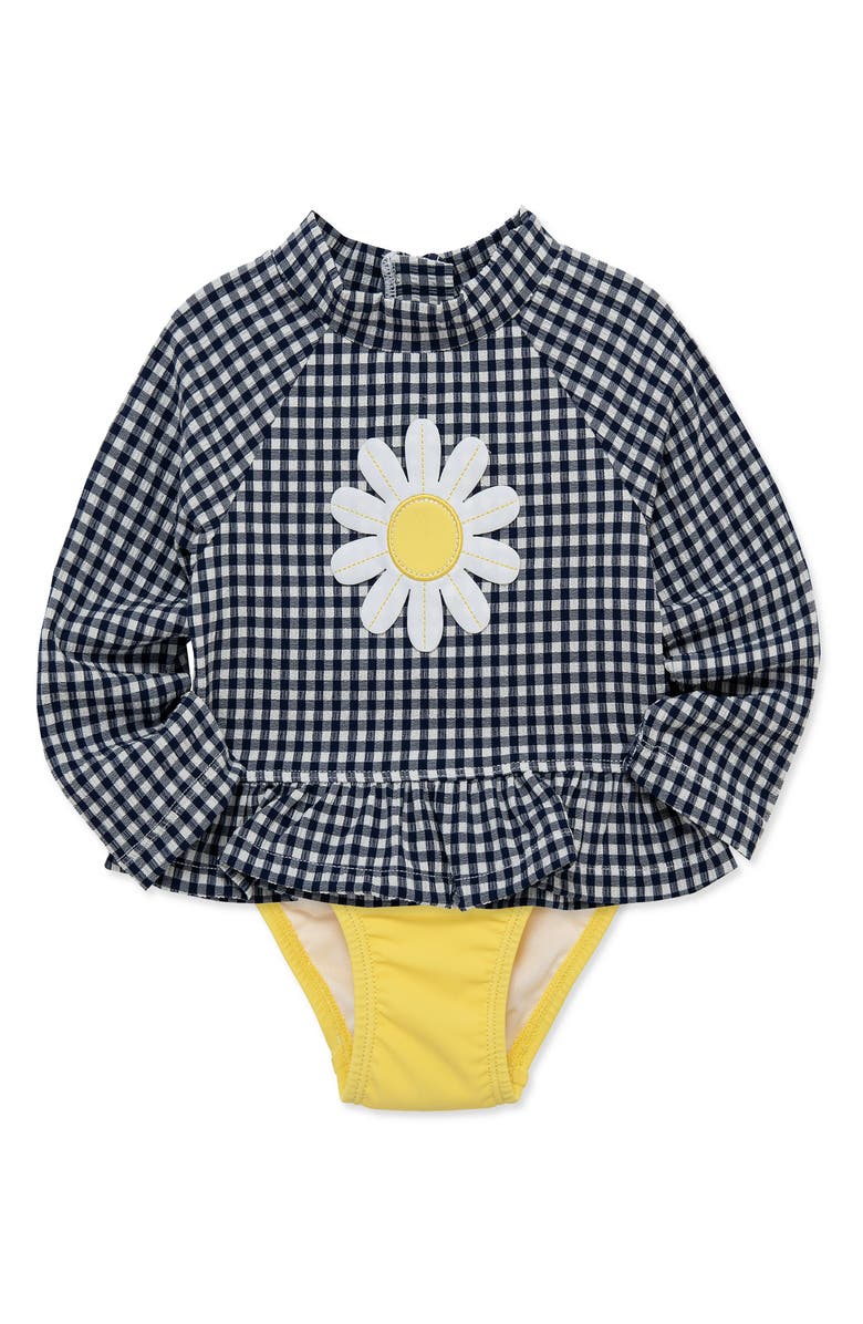 Little Me Gingham Daisy UPF 50+ Rashguard Top & Bikini Bottoms Set, Alternate, color, Blue
