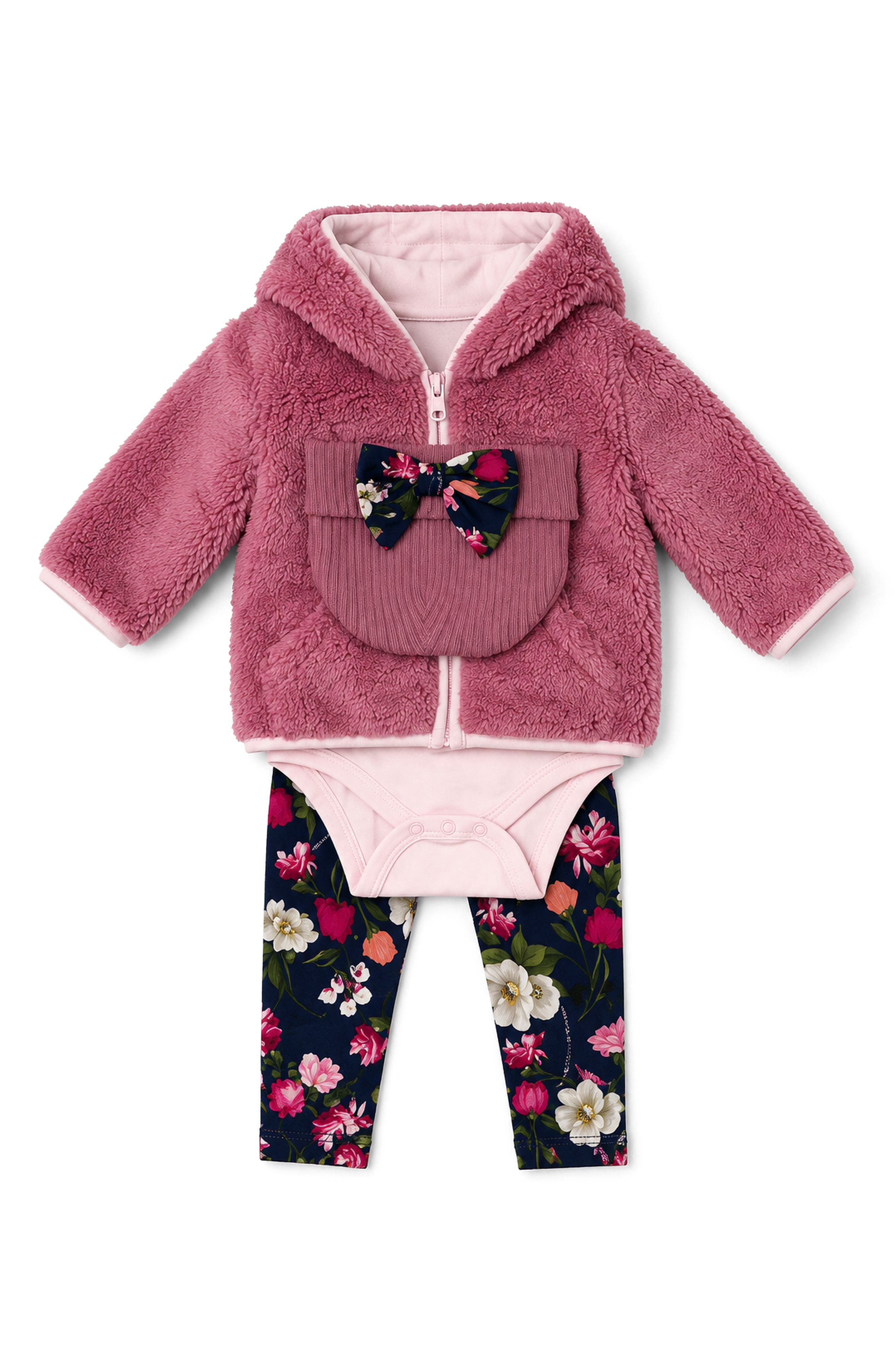High-Pile Fleece Jacket, Bodysuit & Leggings Set