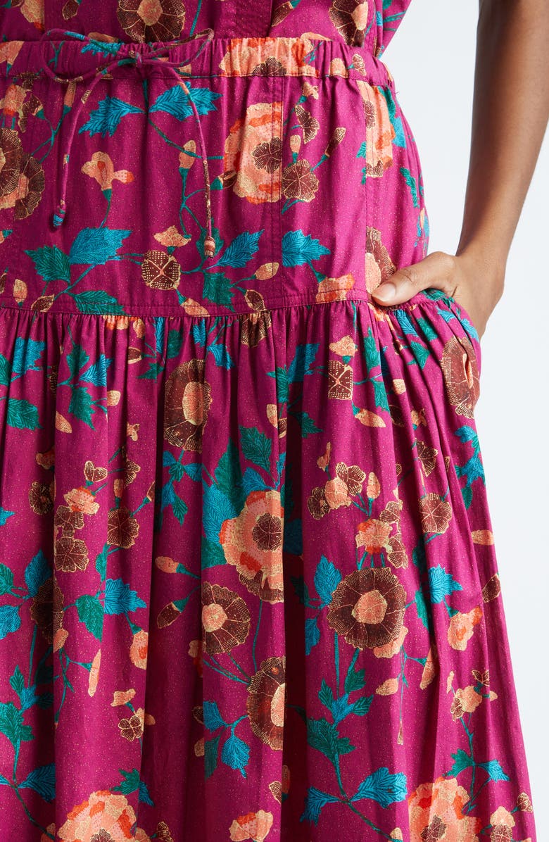 Ulla Johnson Anthia Floral Tiered Cotton Midi Skirt, Alternate, color, Ruby Flora