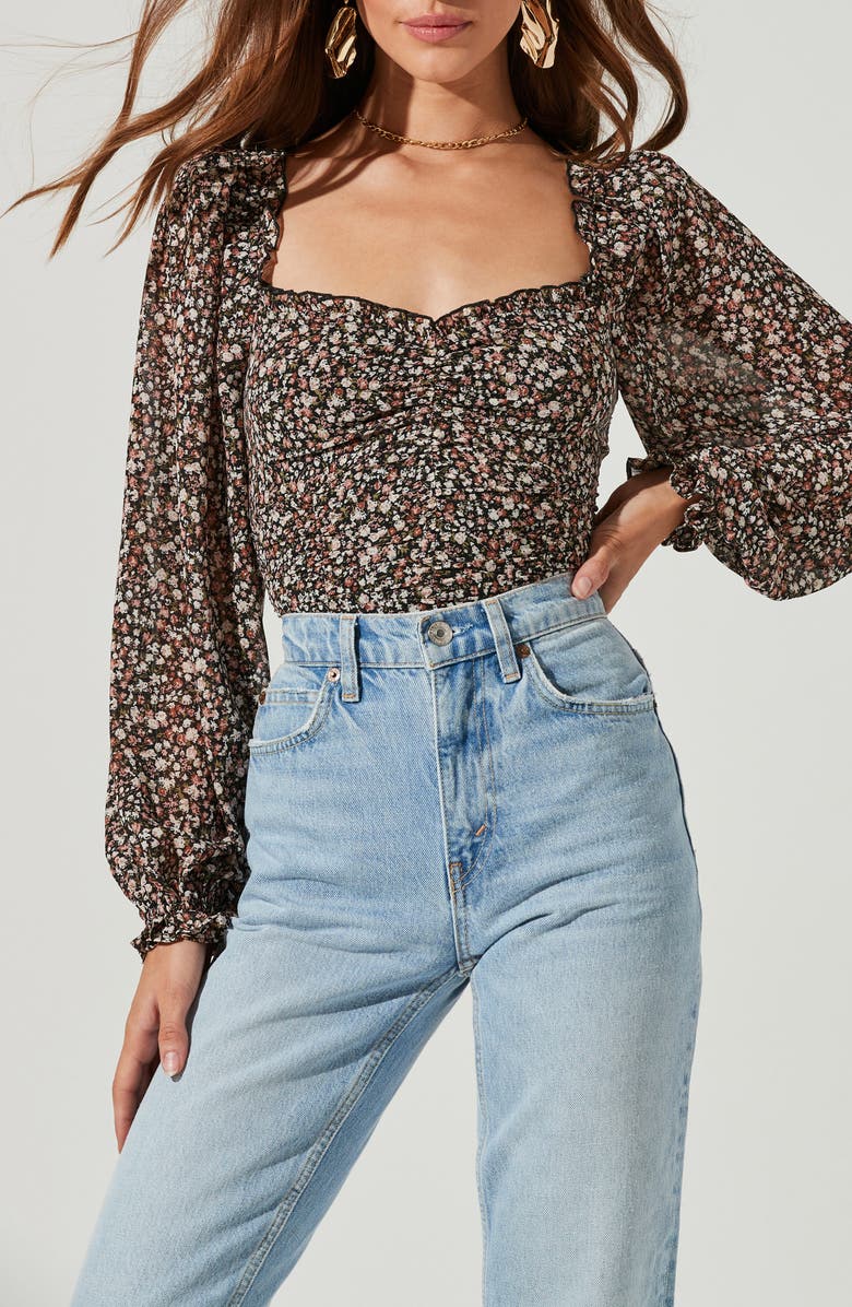 ASTR the Label Floral Ruched Sweetheart Neck Top, Alternate, color,