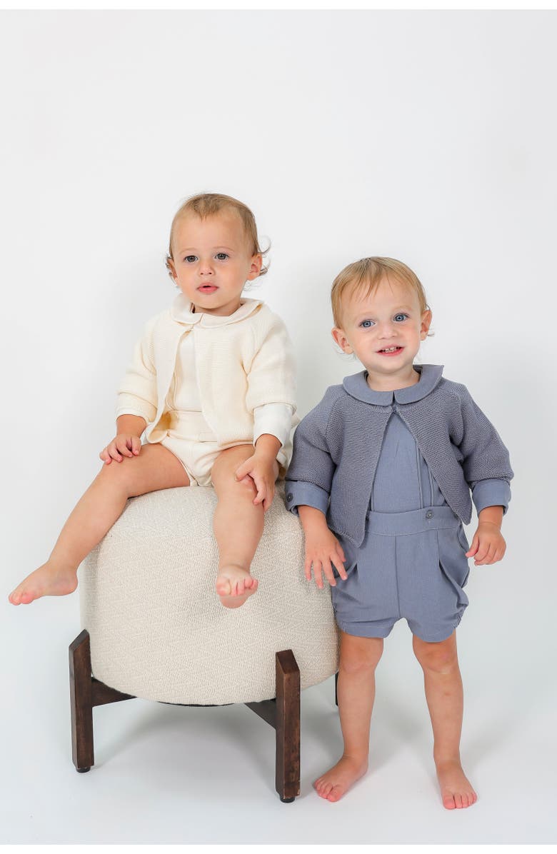 Space Grey 3 Piece Set, Collared Long Sleeve Shirt, Shorts and Knit Cardigan, Alternate, color, Blue