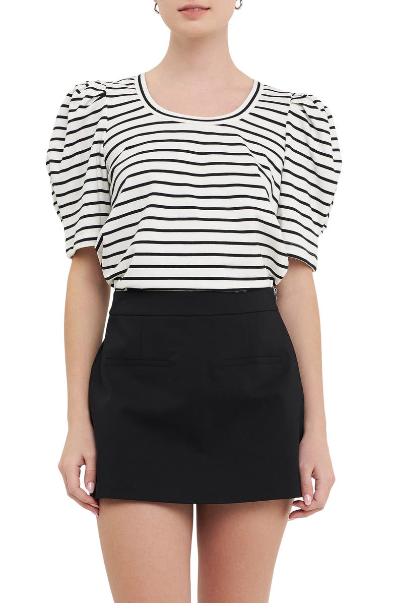 English Factory Stripe Pleated Puff Sleeve T-Shirt, Main, color,