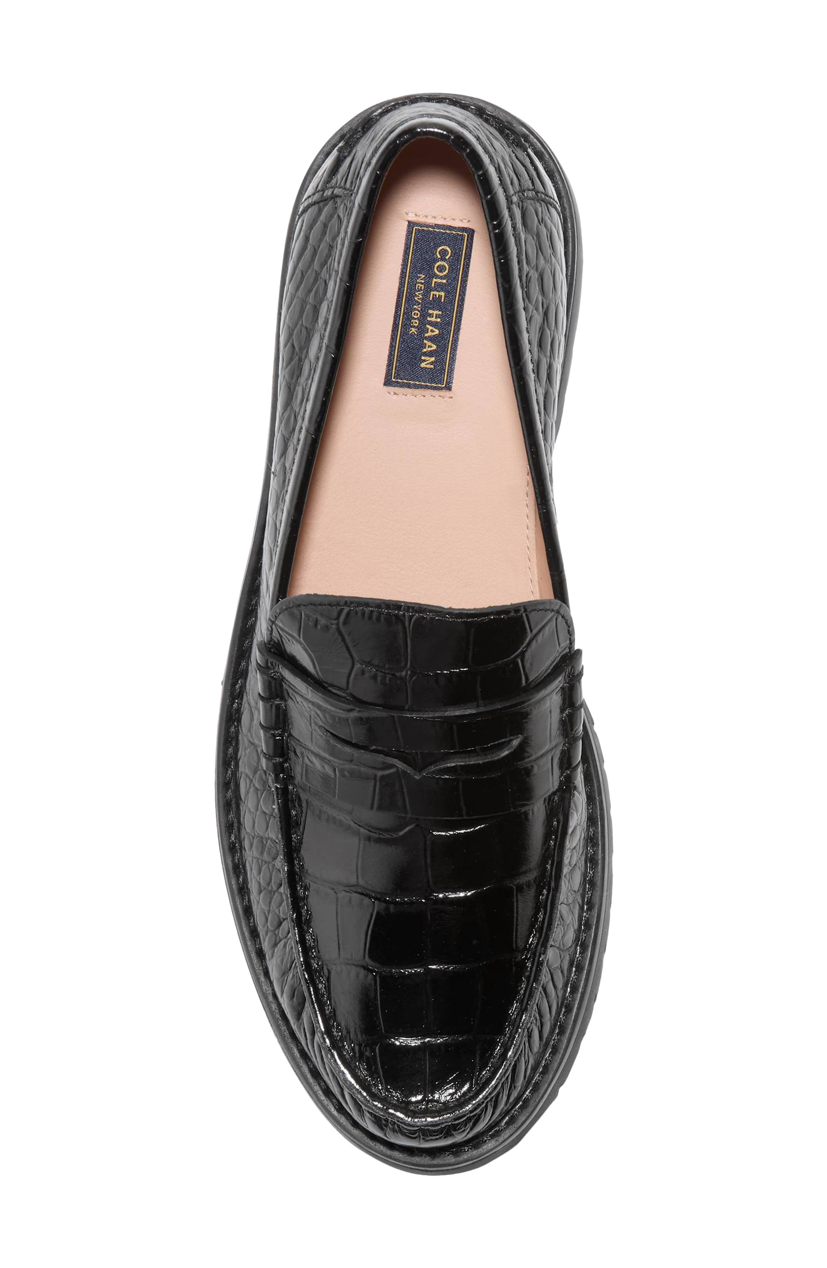 Treena Lug Penny Loafer, Alternate, color, BLACK CROC PRINT LEATHER