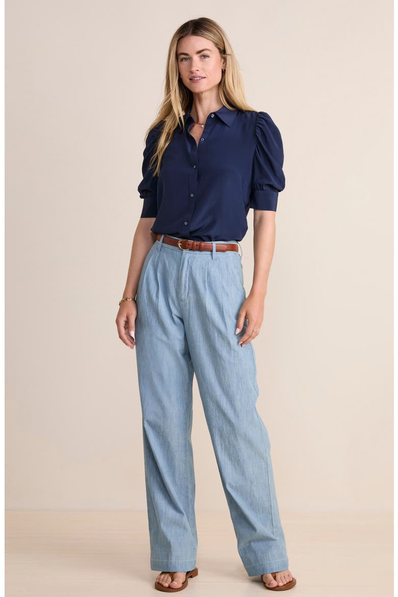 Puff Sleeve Silk Crêpe de Chine Button-Up Shirt, Alternate, color, NAUTICAL NAVY
