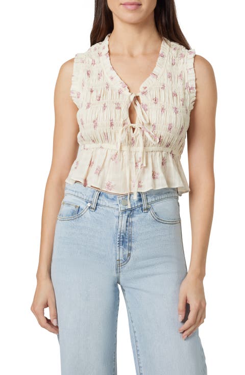 Cotton Shirred Tie Front Top