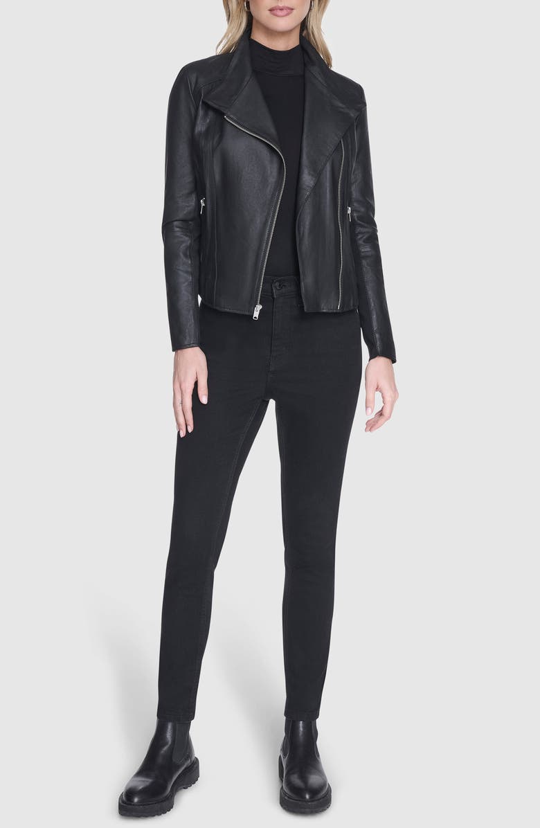 Andrew Marc Felix Leather Moto Jacket with Knit Panels, Alternate, color, Black