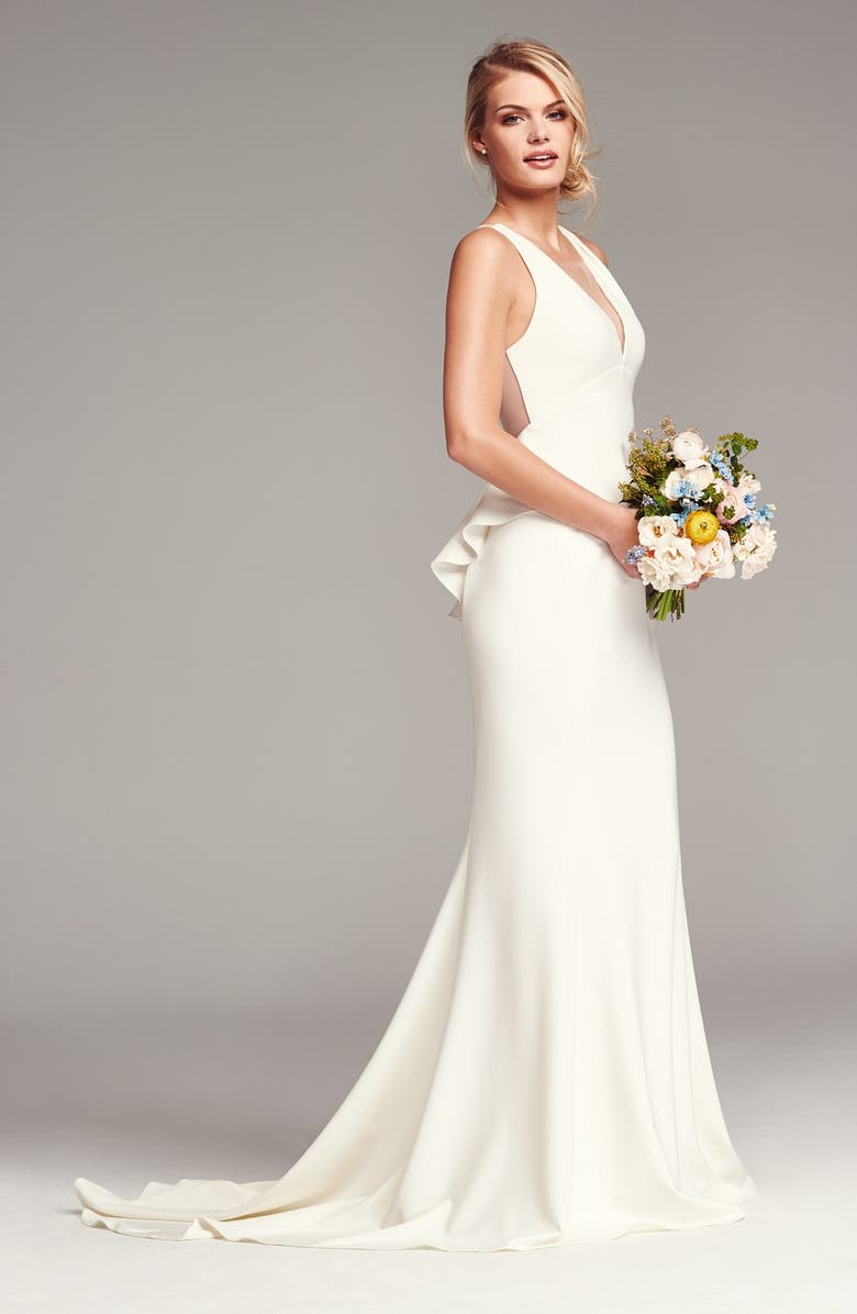 Amsale Back Detail Flared Silk Crepe Gown, Alternate, color, 