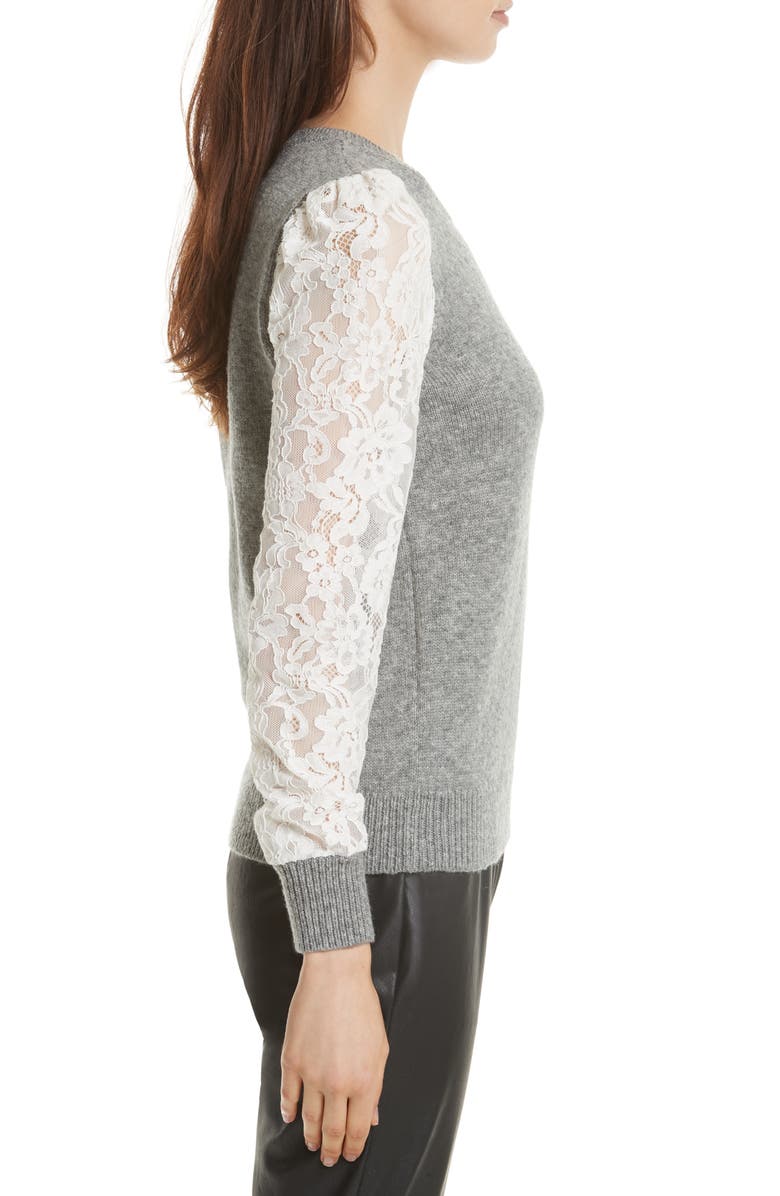 Rebecca Taylor Lace Sleeve Pullover, Alternate, color, Silver Heather Grey / Chalk