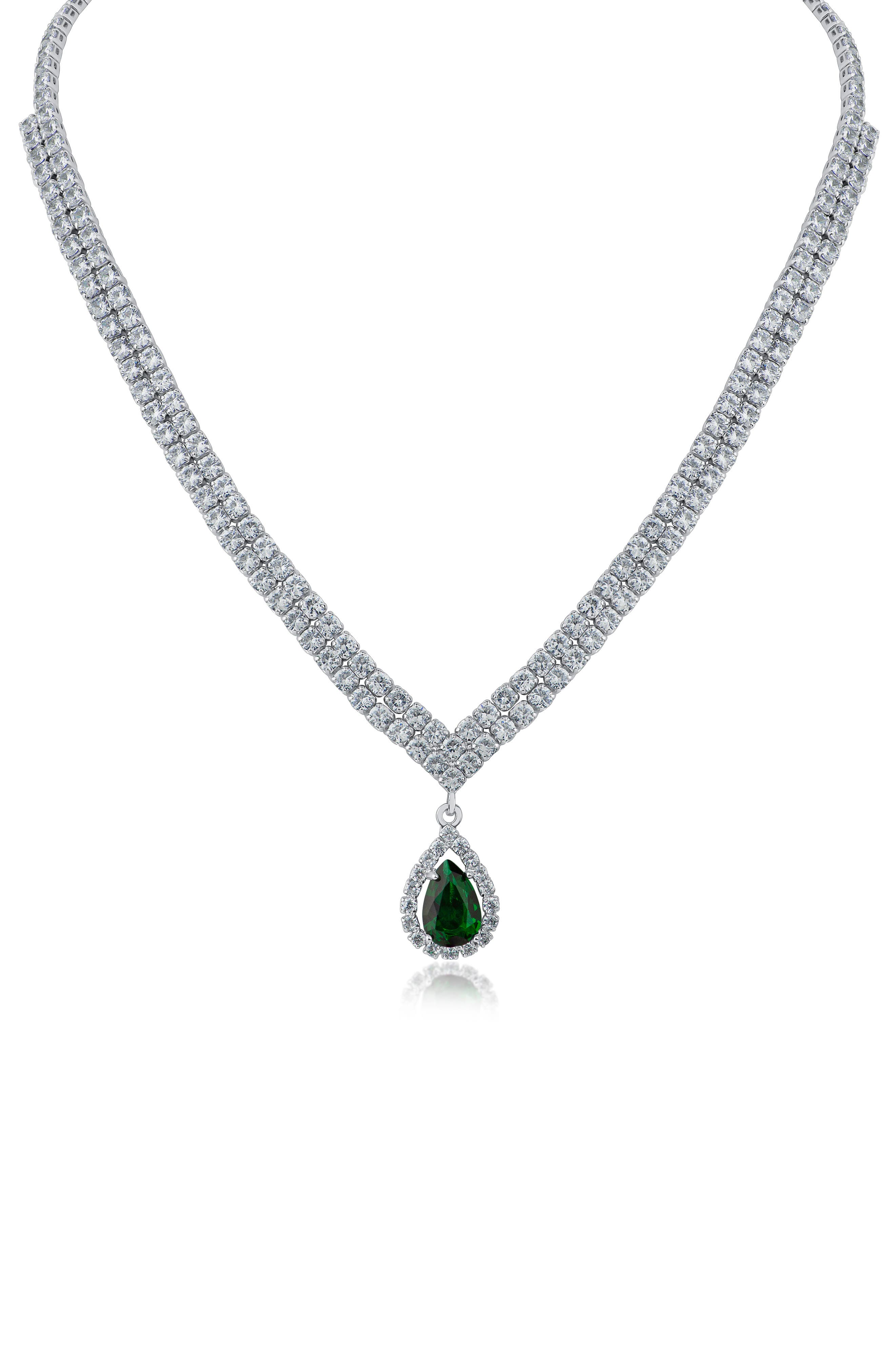 CZ by Kenneth Jay Lane Cubic Zirconia Teardrop Pendant Double Tennis Necklace