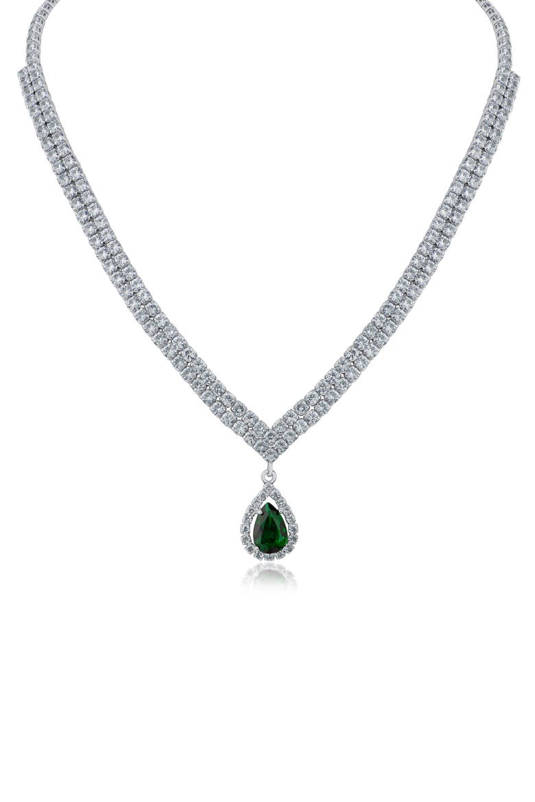 Cubic Zirconia Teardrop Pendant Double Tennis Necklace, Main, color, GREEN/ CLEAR SILVER