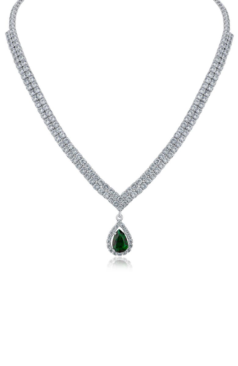 CZ by Kenneth Jay Lane Cubic Zirconia Teardrop Pendant Double Tennis Necklace, Main, color, Green/ Clear Silver