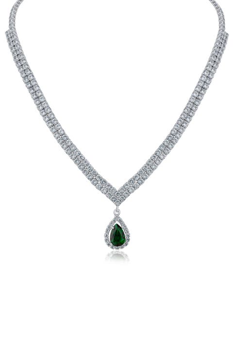 Cubic Zirconia Teardrop Pendant Double Tennis Necklace