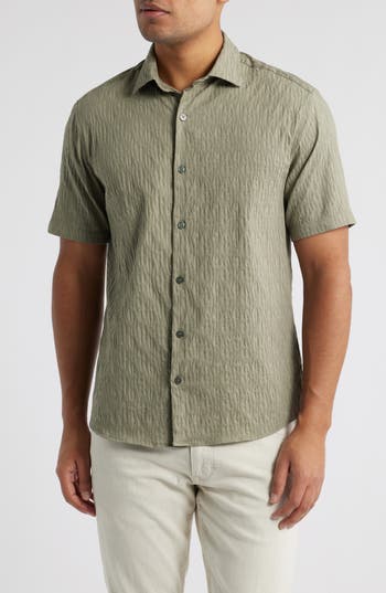 Robert Barakett Calyx Cotton Blend Jacquard Short Sleeve Button-up Shirt In Green