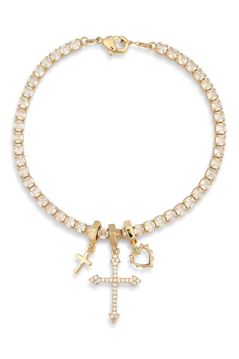 Cubic Zirconia Cross & Heart Charm Tennis Bracelet, Alternate, color, CLEAR- GOLD