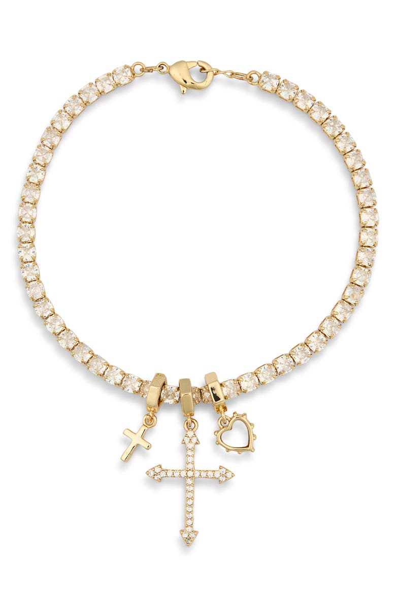 Leith Cubic Zirconia Cross & Heart Charm Tennis Bracelet, Alternate, color, Clear- Gold
