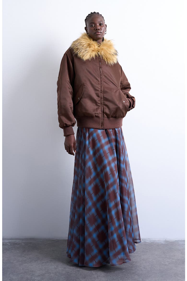 Nylon Bomber Jacket with Faux Fur Collar, Alternate, color, BROWN
