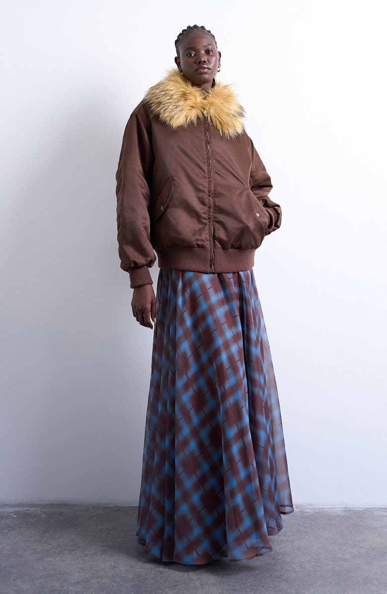 Topshop Nylon Bomber Jacket with Faux Fur Collar, Alternate, color, Brown