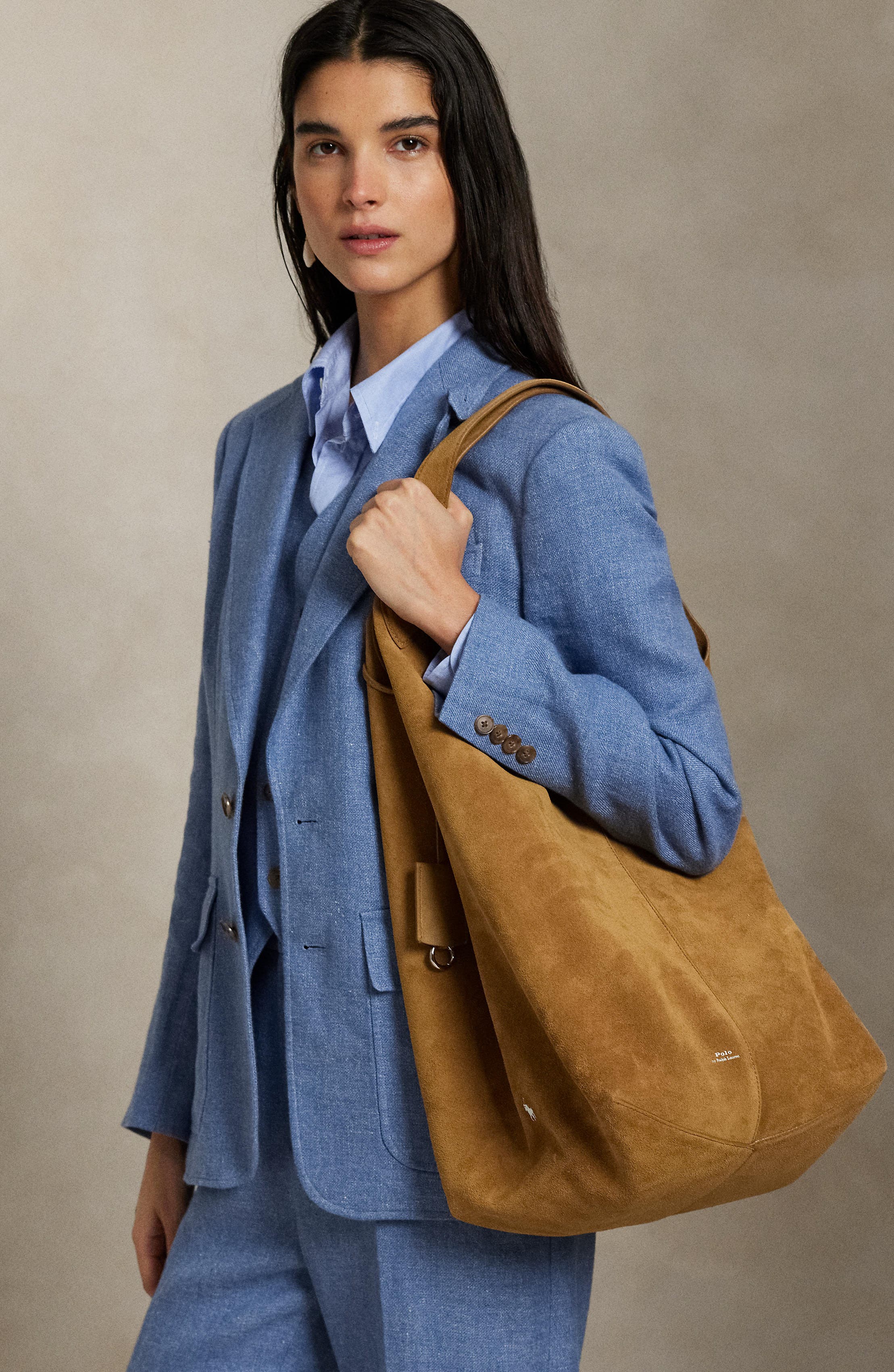 Polo Ralph Lauren Large Polo Play Suede Tote, Alternate, color, Caramel