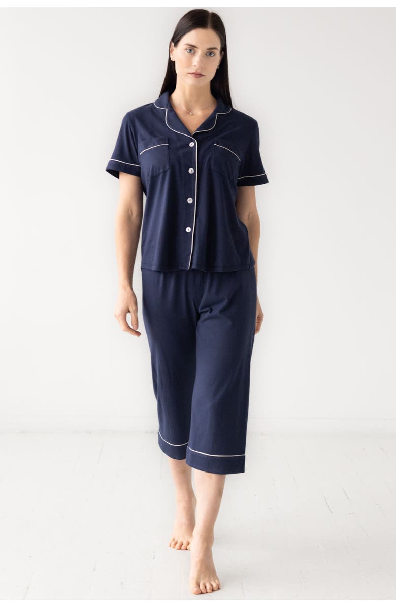 SALUA Classic Luxury Capri Pajamas in  Brushed Pima Cotton, Main, color, Navy/White