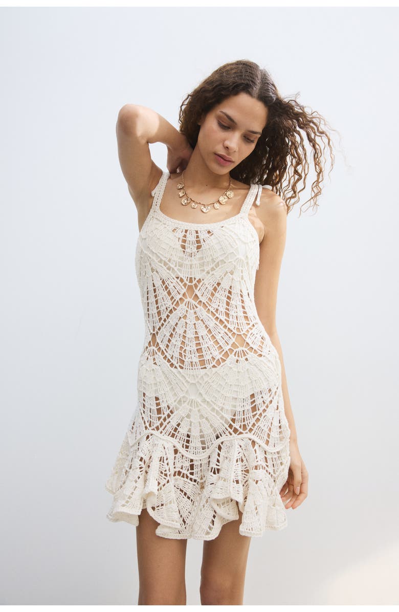 H&M Flounced crochet-look dress, Alternate, color, Cream