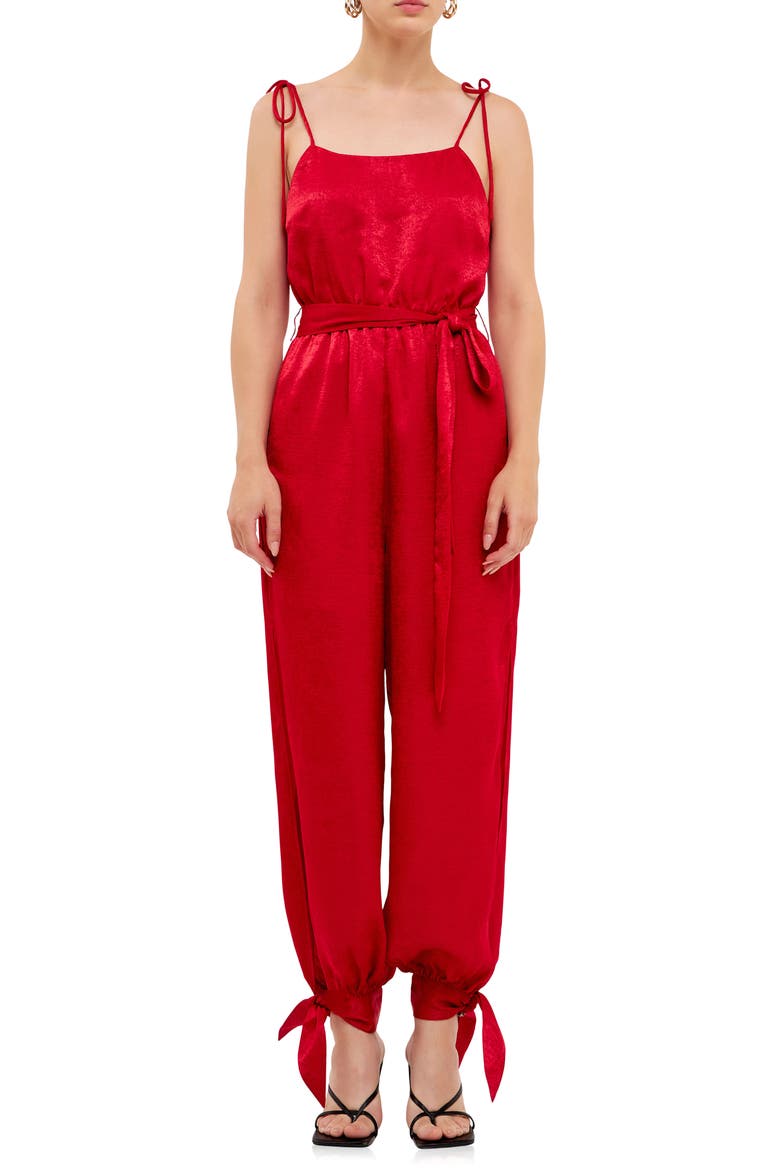 Tie Detail Slit Leg Satin Jumpsuit, Main, color, ROSE