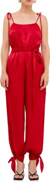 Endless Rose Tie Detail Slit Leg Satin Jumpsuit
