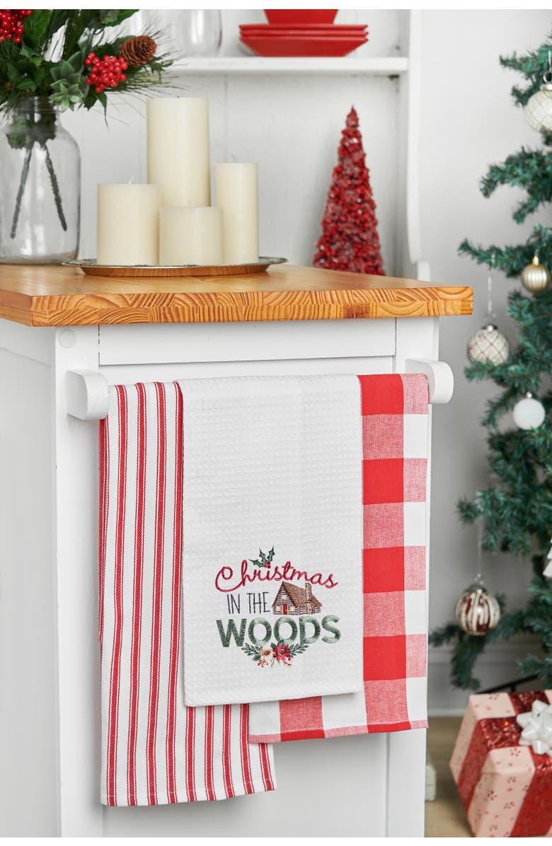 C&F Home 27" x 18" "Christmas In The Woods" Sentiment with Log Cabin Embroidered Cotton Waffle Weave Kitchen Dish Towel, Alternate, color, White
