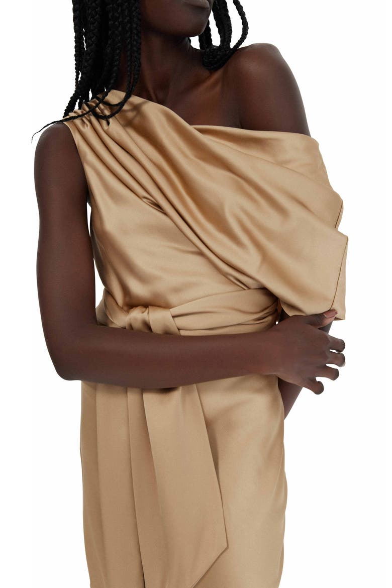 Erika One-Shoulder Satin A-Line Dress, Alternate, color, TAN